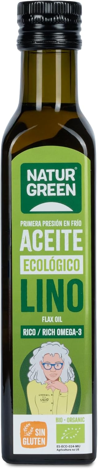NaturGreen - Aceite Lino Bio, 100% Aceite de Semillas de Lino Ecológico, Rico en Omega-3, Primera Presión, 250 Mililitros, El embalaje puede variar