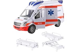 Pouway Ambulance Toy with Lights and Sound, Friction Powered Emergency & Rescue Vehicle with Open Doors and Stretcher, Durable Pretend Play Van Great Gift for Children Boys Girls