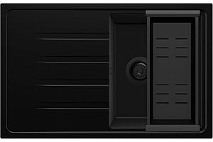 PRIMAGRAN Spülbecken Alles Schwarz 78x50cm, Granitspüle 1 Becken + Ablauf-Set, Küchenspüle ab 45er Unterschrank - Mailand S045