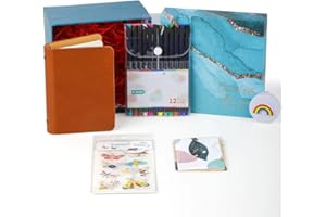 MEMOQUEEN Office Supplies Combo - 12x 0.4mm Tips Fineliner Color Pens, 1x Leather Notebook, 1x Hollow Metal Leaf Bookmark, 10x Sticky Stickers, 1x Ruler, 1x Gift Box