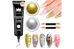 ‎BISHENGYF BISHENGYF Chrome Nail Powder & 3D Gel Nageldesign Kit 4-in-1, mit No-Wipe Spiegelnagel Pulver für Roségold & Silber Nägel,Clear Solid Base Colour 3D Nail Gel Design DIY Nail Art Enthusiast Home