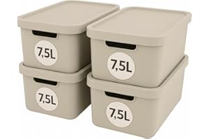 Plastard Aufbewahrungsboxen mit Deckel 7,5 L, 4er-Set, Beige, BPA-frei, Stapelbar, Ordnungsbox für Küche, Bad, Büro, Kinderzimmer, Regale – Robuste Kunststoffbox, Kleiderbox