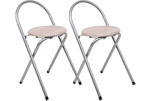 THE SECRET HOME - Pack de 2 Taburetes Plegables con Respaldo - Sillas Plegable de Metal y Madera - Decoración para el Hogar - Ideales para Cocina (Alto. 67 cm x Largo. 38 cm - Plateado)