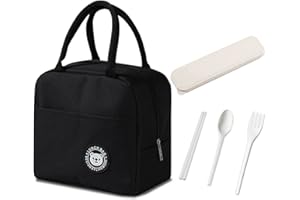 CQQNIU Czarna izolowana torba na lunch, wodoodporna, szczelna, termoizolacyjna, wielokrotnego użytku, składana torba na ramię, na piknik, do szkoły, na zewnątrz lub do pracy (dostawa na sztućce)