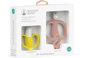 Matchstick Monkey, Antimicrobial Teething Gift Set - 1 Banana Shaped Soother and 1 Animal Teether, 3 Months Old+, Banana & Monkey - Dusty Pink