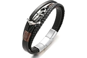 Halukakah ● Segeln ● Herren-Armband Handgefertigt | Echtleder Schwarz | Magnetverschluss Edelstahl | Wickelarmband 3 Runde | Titan Anker | KOSTENLOS Geschenkbox | Größe Einstellbar 21.5cm-23cm
