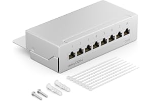 deleyCON CAT6 Patch Panel 8 Porte del Desktop & Montaggio a Parete - Schermato - Presa RJ45 8x - TIA568A TIA568B - Grigio Chiaro