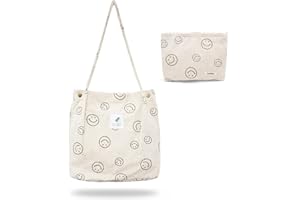RAFIYU 2 Piezas bolso de pana mujer，1bolso de lona para mujer y 1 Bolsa de maquillaje，tote bag，bolsa de pana grande para mujer，bolsa de mano con cara sonriente y bolsa de cosméticos para señoras