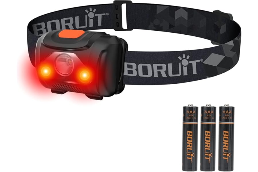 BORUIT LED Head Torch Red White Light, AAA Battery Powered Headtorch Super Bright, 4 Modes Headlamp for Kid Adult Camping Running Hiking Fishing, IPX4 Waterproof Headlight