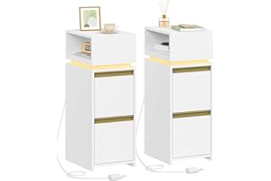 HEXCELEN Set of 2 Narrow Bedside Table with 2 Drawers and 1 Open Compartment, Bedside Cabinet in Bedroom, Side Table, for Bedroom, Living Room, Modern, White