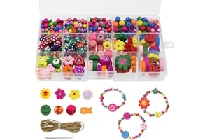 NewZC 400 Piezas Bricolaje Conjunto de Cuentas Perlas Niñas 11 Tipos Coloridas Cuentas de Madera Abalorios para Hacer Pulseras niñas con Cordón Elástico - Regalos para Niña de Joyas
