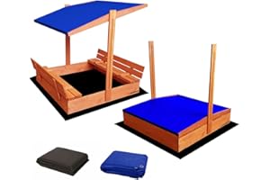 Ladanas® bac à Sable Enfant en Bois fermé de 120 x 120 cm avec bancs-bac a Sable avec Couvercle- Bois de pin imprégné -bac à Sable avec Toit surbaissé -1 bâche de Protection 1 bâche Isolante- Bleu