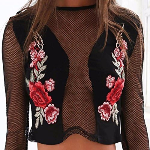 Women's T-shirt, Manadlian Summer Women Sexy Shirt Rose Embroidery Net Yarn Splicing Long Sleeve T-Shirt (Black, L)