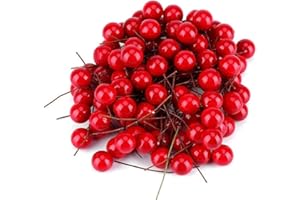 Eeneme 100 bacche di agrifoglio artificiali di Natale, 1 cm, in plastica, con steli di bacche rosse, mini frutti di bosco per fai da te, albero di Natale, ghirlande fai da te, decorazioni per feste