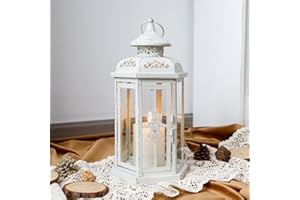 JHY DESIGN Dekoracyjne Latarnie na Świece, 30 cm Wysokości, Metalowy Stojak na Świecę, Na Zewnątrz, Do Ogrodów, Imprez, Wesel, Na Wnętrza, Na Zewnątrz (Biały z Złotym Pędzlem)