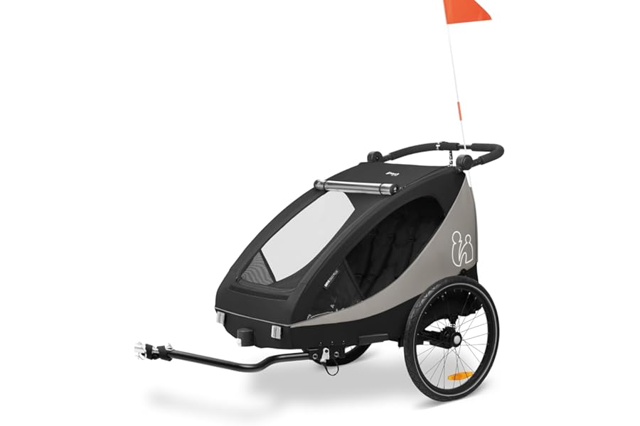 hauck Dryk Duo Plus, Black - 2in1 Kids Bike Trailer & Pushchair with Suspension 2 Seats Folding Bicycle Trailer with XL Storage, Tow Bar, Hitch, Pennant, Stroller Wheel & LED Rear Light