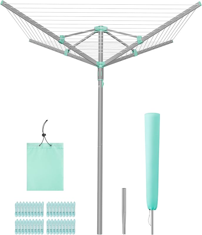 SONGMICS Wäschespinne, Wäscheständer, drehbar, klappbar, draußen, Garten, mit Wäscheklammern, Schutzhülle, silbern, 50 m Wäscheleine, für 5 Waschladungen LLR307EZ01