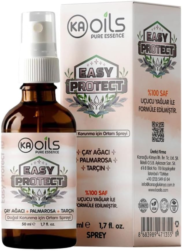 KAOils Easy Protect Doğal Ortam Spreyi 50 ml - Sivrisinek, Kene, Akar ve Haşerelere Karşı Doğal Koruma | 100% Pure Essential Oil Blends | Palmarosa, Tarçın, Çay Ağacı