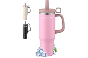 OUTDOUSE PRO 1200ml Tazza Termica con Cannuccia, Borraccia con Manico, 1.2L Tazze Isolate, Tazza Termica per Auto in Acciaio Inox a Doppia Parete per Bevande Calde, Fredde per Acqua, Caffè, Rosa