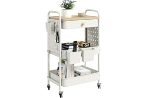 ‎DANPINERA danpinera Rollwagen mit 3 Ebenen, Rollwagen Metall mit Schubladen & Stecktafeln, Servierwagen, Bastelwagen, Küchenwagen mit Rollen für Küche, Wohnzimmer, Badezimmer, Haken und hängende Bechern, Weiß