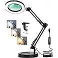 Veemagni 10X Magnifying Glass with Light and Stand, 2-in-1 Real Glass Magnifying Desk Lamp & Clamp, 3 Color Modes Stepless Dimmable LED Lighted Magnifier with Light for Hobby Crafts Repair Close Works