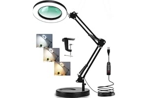 Veemagni 10X Magnifying Glass with Light and Stand, 2-in-1 Real Glass Magnifying Desk Lamp & Clamp, 3 Color Modes Stepless Dimmable LED Lighted Magnifier with Light for Hobby Crafts Repair Close Works
