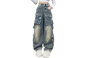 SOLU DAY8 Jean Cargo Baggy Ado Fille Y2K 4-14 Ans Pantalon Jambe Large Fluide Fille avec Poche Vintage Pantalon Ample Enfant Fille Pas Cher Confortable Mignon Casual Sport Streetwear
