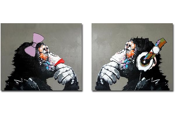 Fokenzary Peint À La Main Peinture À L'huile Sur Toile Écouter Musique Pop Gorille Couple Amant Mur Décor Encadré Prêt à Accrocher