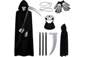 Funnity Halloween Kostüm Herren, Sensenmann Kostüm Herren, Bestehend aus Sensenmann Umhang, Halloween Sense und Handschuhen, Ketten und Halloween Maske für Halloween Party Cosplay