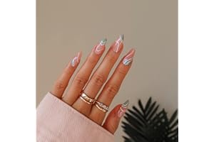 JUSTOTRY 24 Pcs Almond False Nails Short, Wavy Press on Nails Pattern, Swirl Fake Nails Short with Nail Glue, Olive Green French Stiletto Stick on Nails for Women, Nails Fake Nail for Nails Art