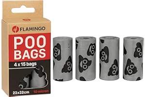 Flamingo Lacha Sacs à Déjections Canines Extra-Résistants - 60 Pièces, Argent et Noir, Idéal pour Labrador, Beagle, Bulldog et Jack Russell