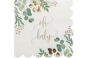 MISS LOVELY Servietten Baby-Party OH BABY Botanical Eukalyptus Blätter-Kranz Tisch-Deko für Baby-Party Baby-Shower Taufe Geburt Junge & Mädchen unisex Farben weiß grün & gold 16 Servietten
