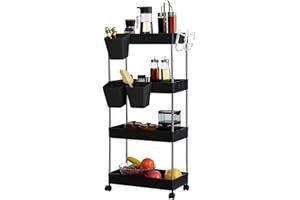 DOEWORKS Carrito de Almacenamiento Carrito Cocina con Tazas Colgantes, Carro de Servicios de 4 Niveles Carro Rodante con Ruedas para Cocina Baño Dormitorio Oficina, Negro