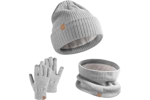 GWAWG Juego de 3 gorros de invierno para niños, bufanda, guantes de punto térmico, cálido, calentador de cuello, guante para pantalla táctil, forro polar suave, elástico para niños de 5 a 12 años,