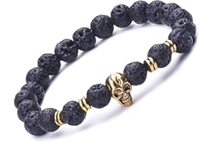 UNENDLICH U Infinito U- Pulsera Unisex con Diseño de Calavera Dorado con Perlas de 9 mm de Piedra de Lava Uniones de Aleación Elástica para Terapia Yoga Meditación Color negro