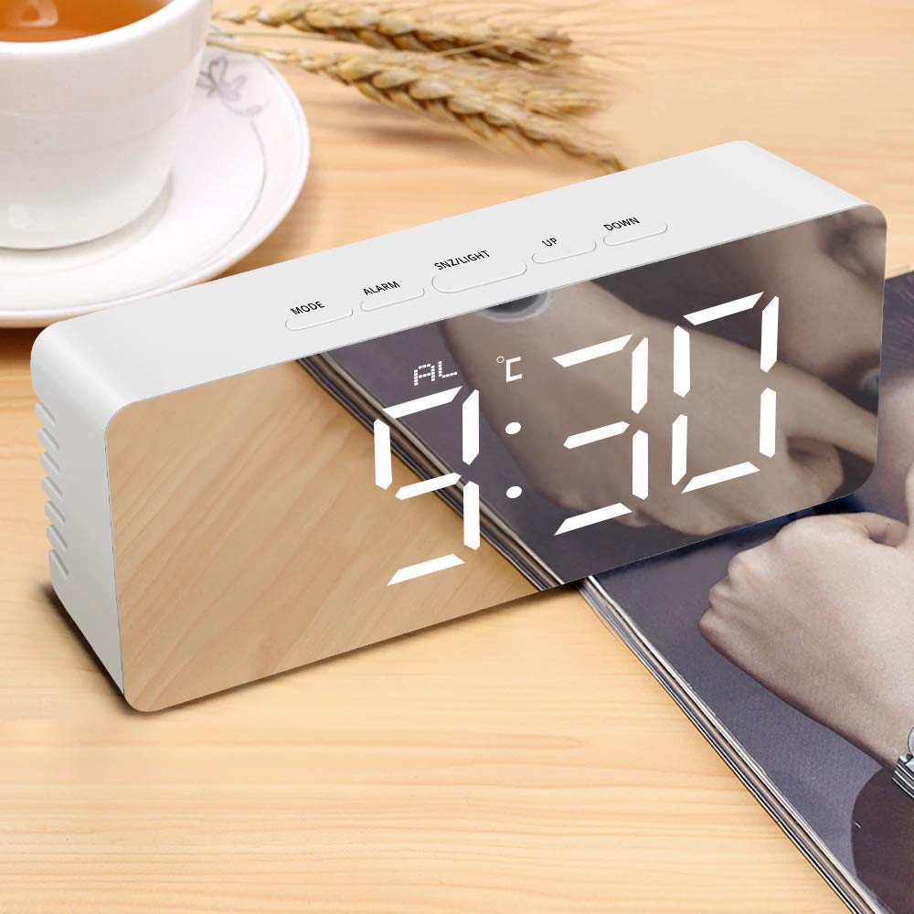 BUYERZONE Digital LED Mirror Alarm Clock Smart Back Light Table Mirror Alarm Clock with Sensor Date and Temperature for Offic