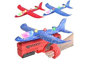 HATFRYF Airplane Launcher Toys, 2 Pack LED Throwing Glider Plane, Catapult Aeroplane Toy with Gun, 2 Flight Modes Outdoor Sport Flying Toys for Kids Age 3 4 5 6 7 8 9 Year Old Boys Fun Birthday Gifts
