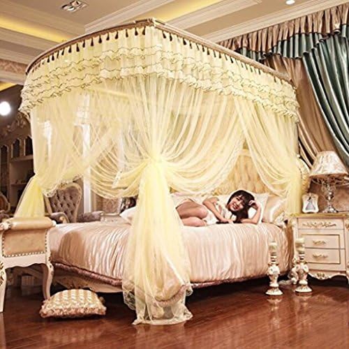 * XMM®-fishing rod telescopic mosquito net U-shaped three-door stainless steel bar floor court double bed (200 × 220 × 210cm, Catherine 09-cream color)