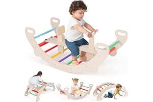 GOPLUS 4 en 1 Arche Escalade Montessori Enfants, Cheval à Bascule en Bois Tunnel Rampant, Siège et Poignée et Dossier Amovibles, pour Bébés 1-5 Ans,Charge 50KG