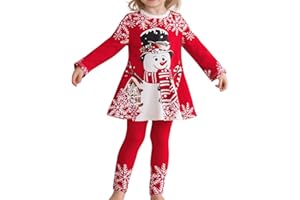 Momkonzz Girls Christmas Outfit Toddler Xmas Long Sleeve Dress + Pants With Snowman Snowflakes Kids Festival Clothes Set