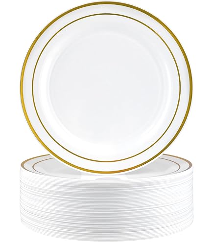 SHUESS 40 Pack White Plastic Plates With Gold Rim - 10 Inches Round Plastic Plates Reusable - Sturdy Dinner Plates - Elegant Party Plates For Weddings, Parties, Catering, And Picnics (26 Cm