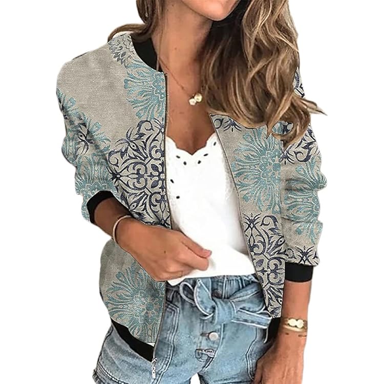 Blouson Imprimé Floral Blouson Bomber Femme Léger à Imprimé Floral - Veste Moto Printemps/Été - Style Décontracté Et Chic Manteau Motard Décontracté