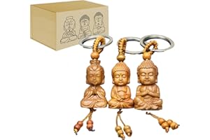 ALSLOVKAR 3 Pièce Porte-Clés Bouddha en Bois Bouddhisme Keychain Mini Bouddha Porte Bonheur Convient pour Le Cadeau Porte-Bonheur Pendentif Voiture Bricolage