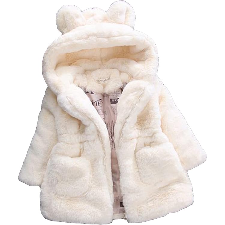 Manteau Bébé Fille En Fausse Fourrure à Capuche - Taille 0-3 Ans, Manches 3/4, Pompons, Ruban Nœud Papillon - Polyester