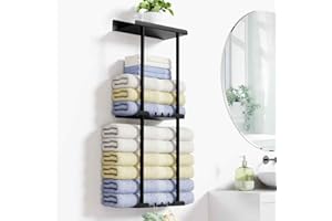 LYL. LING Wall Mounted Towel Rack with Shelf & 6 Hooks, Bathroom Organizer (Black)