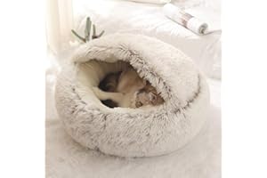 FASHIONAPPLE Lit Rond Moelleux pour Chat - en Peluche Douce - avec Capuche - pour l'hiver - Antidérapant - Lavable en Machin,Café,50 cm