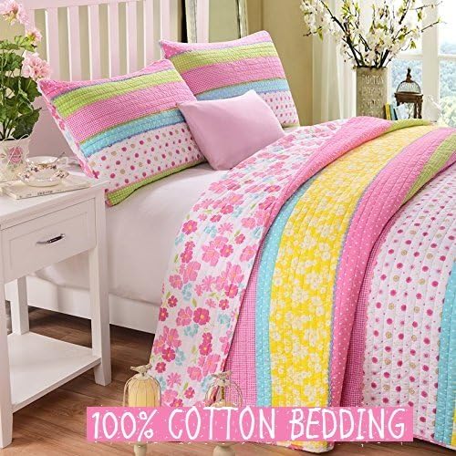 Accface Pink Polka Dot Stripe Floral Quilt Set,Twin