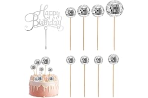 ZBHDEYG 8 Piezas De Inserciones De Bolas De Espejos, 1 Pieza De Inserciones De Feliz Cumpleaños, Inserciones De Bolas De Discoteca Brillantes, Inserciones De Pasteles (4 Tamaños)