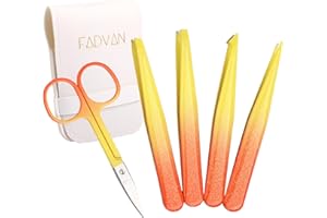 FADVAN Kit di Pinzette Professionali- Set di 4 Pinzette di Precisione in Acciaio Inox+ 1 Paio di Forbici per Sopracciglia in Acciaio Inox Antiscivolo con Sacchetto di Imballaggio(Arancione-5 Pezzi)