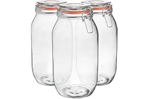 Argon Tableware Glass Jar with Airtight Metal Clip Lid - 2000ml/70.3oz - 3 Pack - 4 Colour Seals - Extra Large Storage Container Round Preserving Jar for Pickling, Chutney, Jam, Coffee, Biscuit
